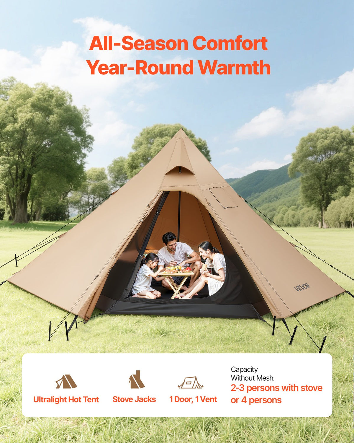 4 Person Camping Tipi Tent with Stove Jack - Lightweight Waterproof Shelter