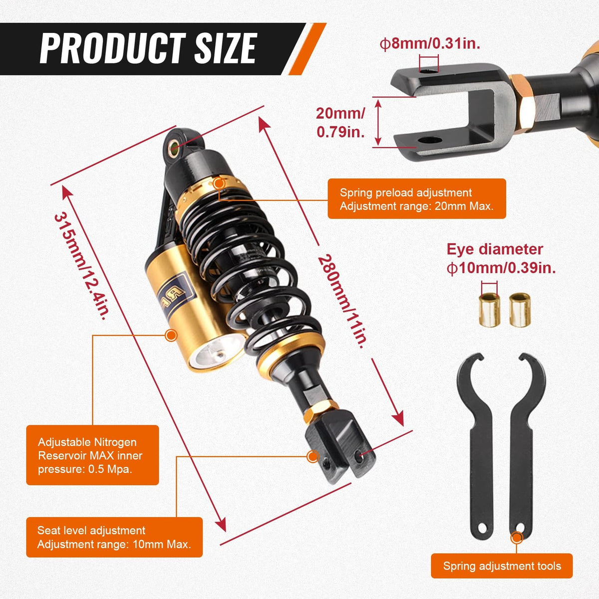 11 Inch Motorcycle Air Shock Absorbers for Honda Suzuki YF-45YF