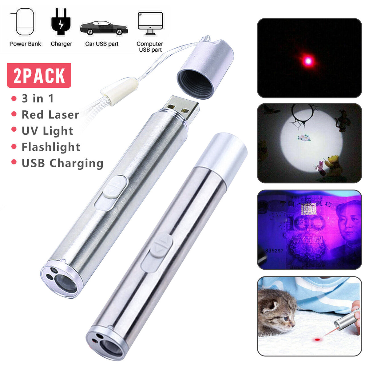 2PCS USB Rechargeable Laser Pointer Pen for Pets and Presentations