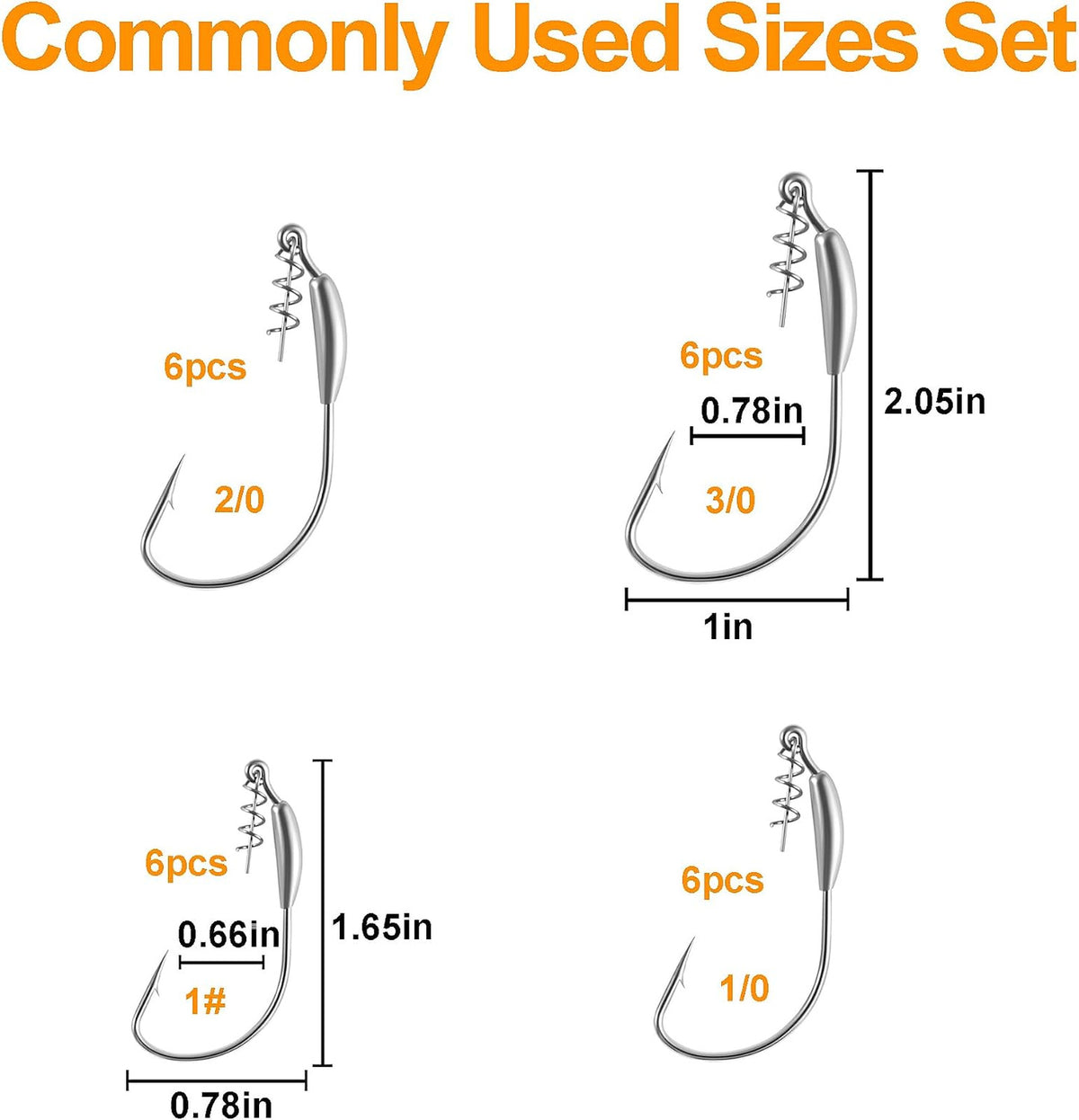 Weighted Fishing Hooks Set 24 Pcs with Screw Lock Weedless for Soft Baits