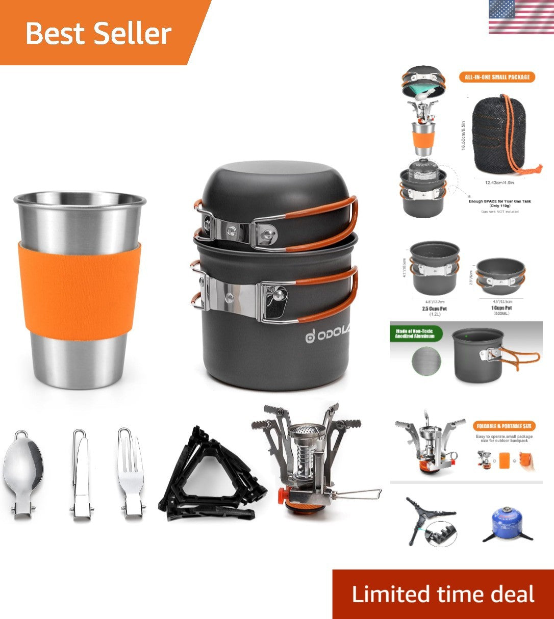 Backpacking Cooking Kit with Stove Pots Utensils & Storage Bags - Lightweight Portable Camp Cookware Set