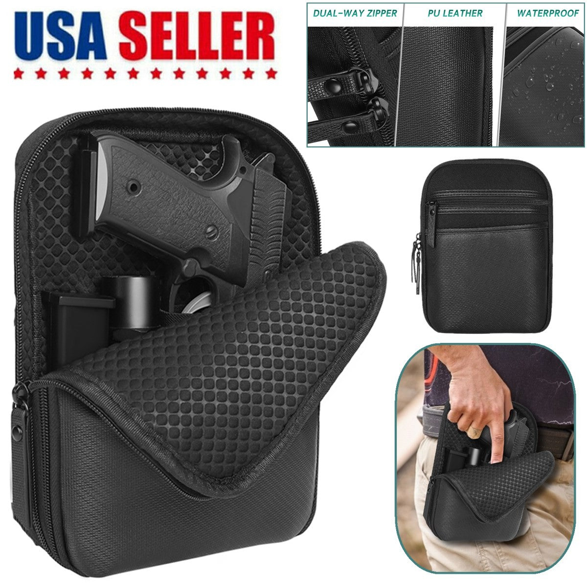 Concealed Carry Gun Pouch Holster Wallet Bag with Belt Loops - Black