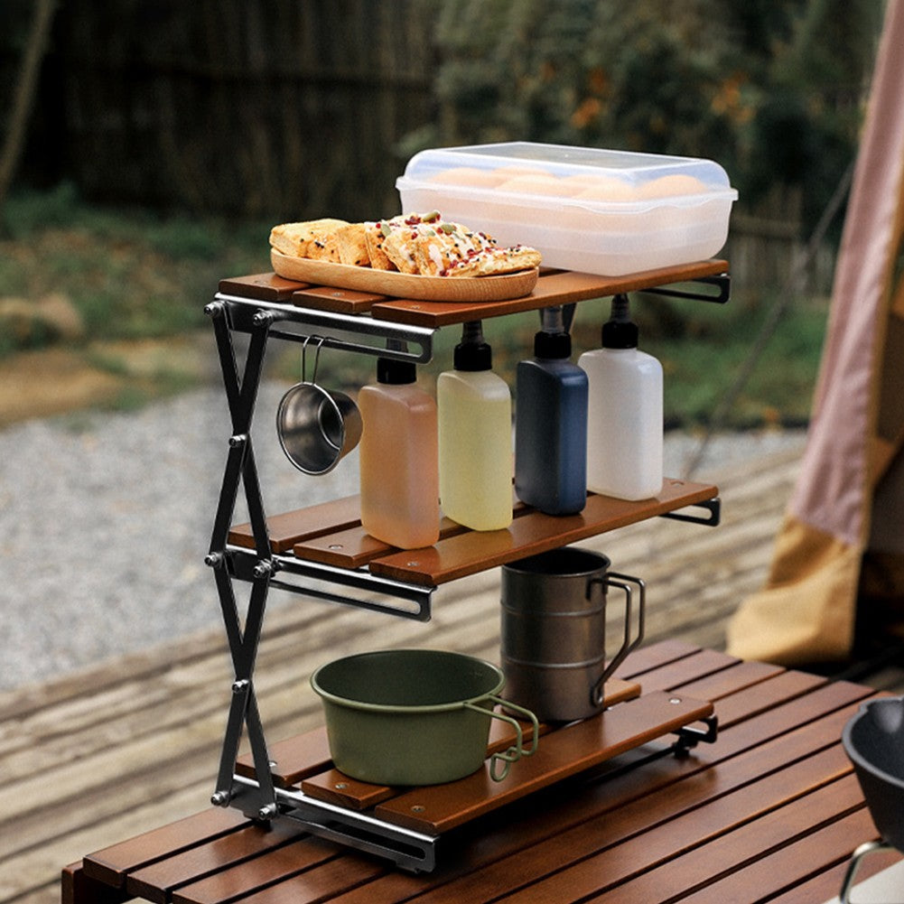 3-Tier Portable Camping Storage Rack Foldable Wooden Countertop Organizer