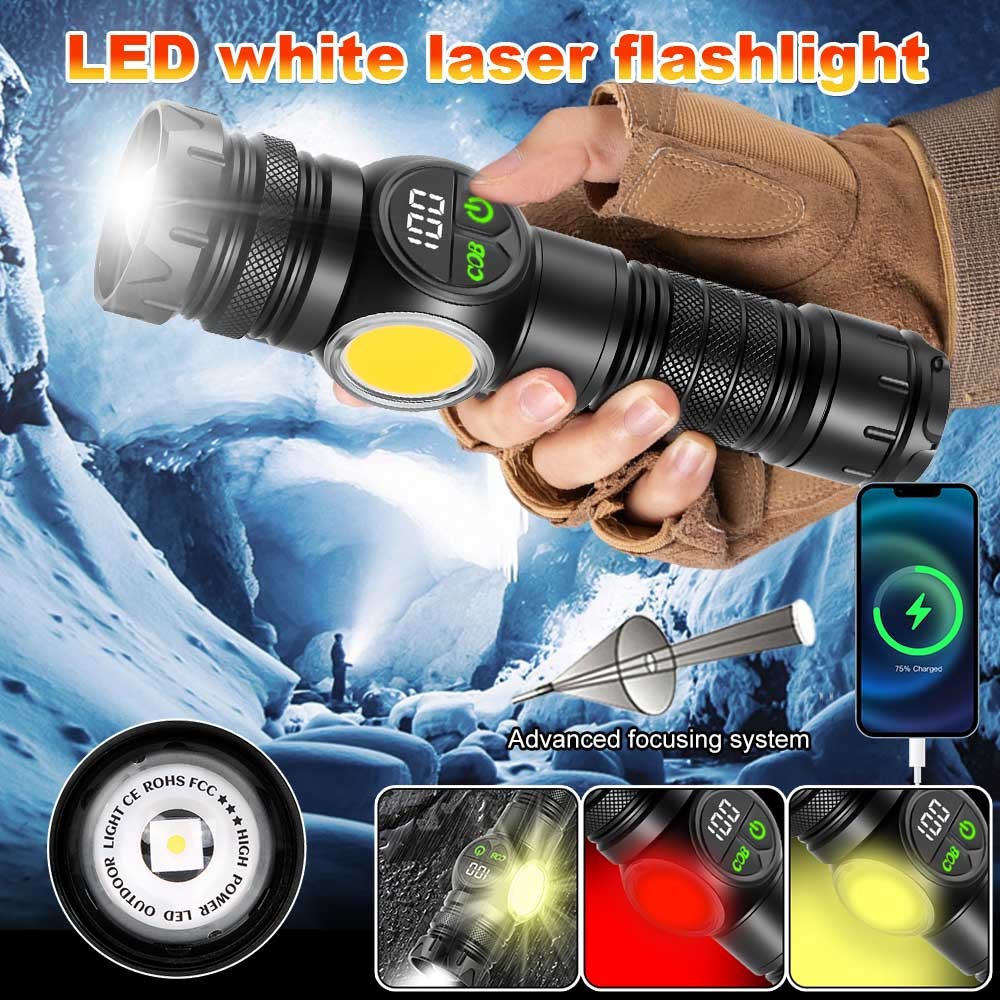 Rechargeable LED Hunting Flashlight with COB Yellow Red Light Zoomable Torch
