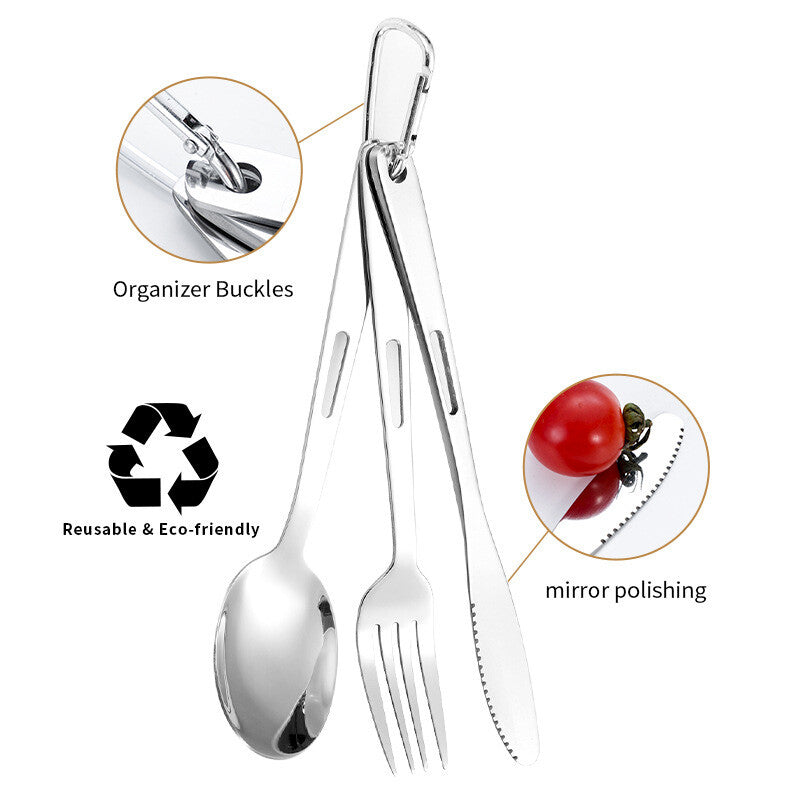 Stainless Steel Camping Utensil Set - 3-Piece Fork, Spoon, Knife for Outdoor