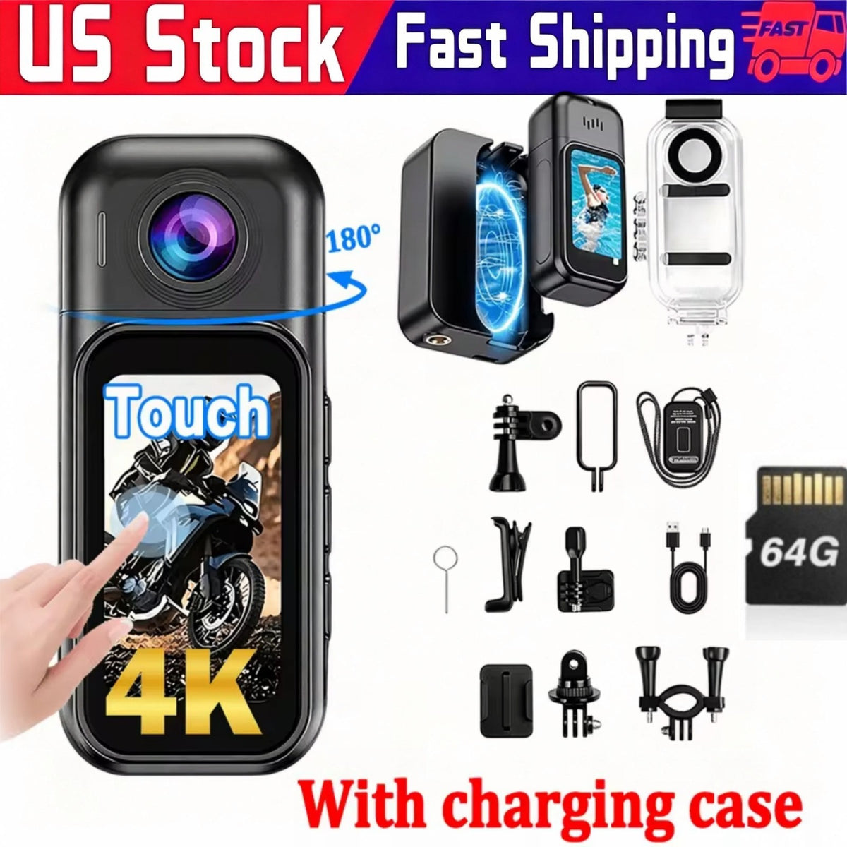 4K HD Action Camera with 1.47" Touch Screen POV Body Cam for Travel & Vlogging