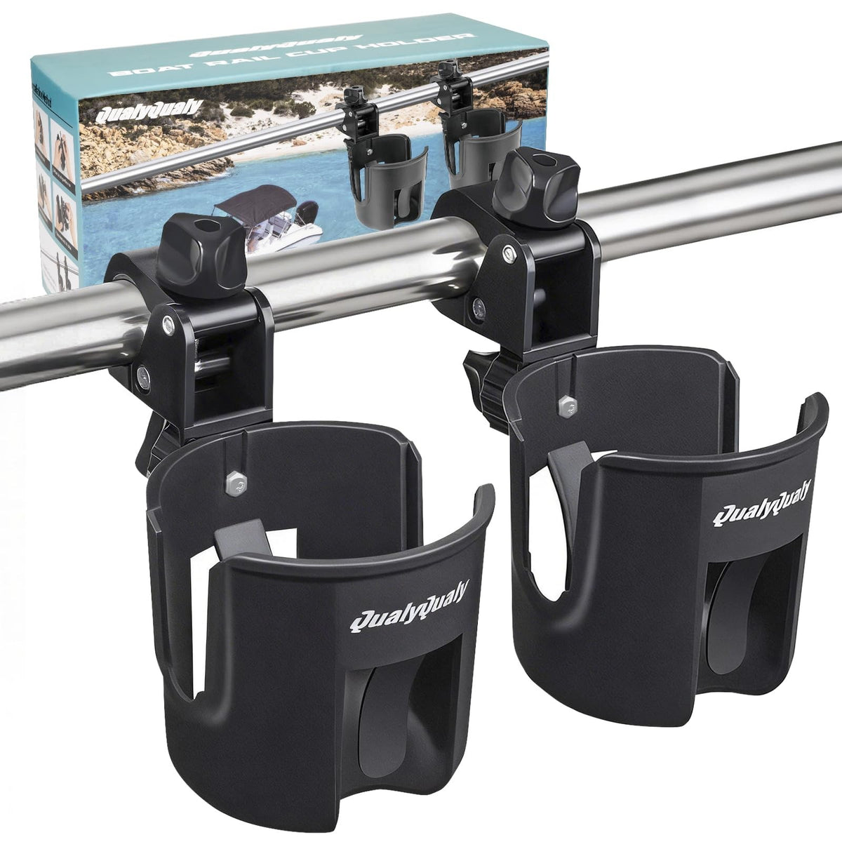 Marine Boat Rail Cup Holders 2 Pack Clamp-On 360° Adjustable Drink Holders