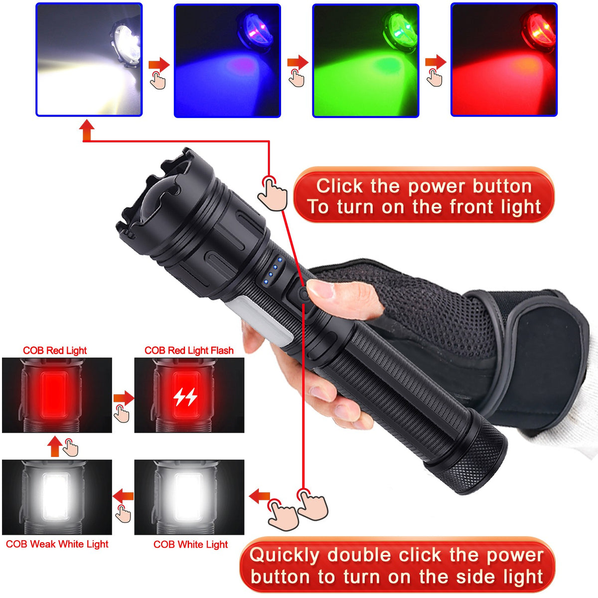 Multicolor LED Flashlight 4 in 1 Rechargeable Hunting & Camping Light