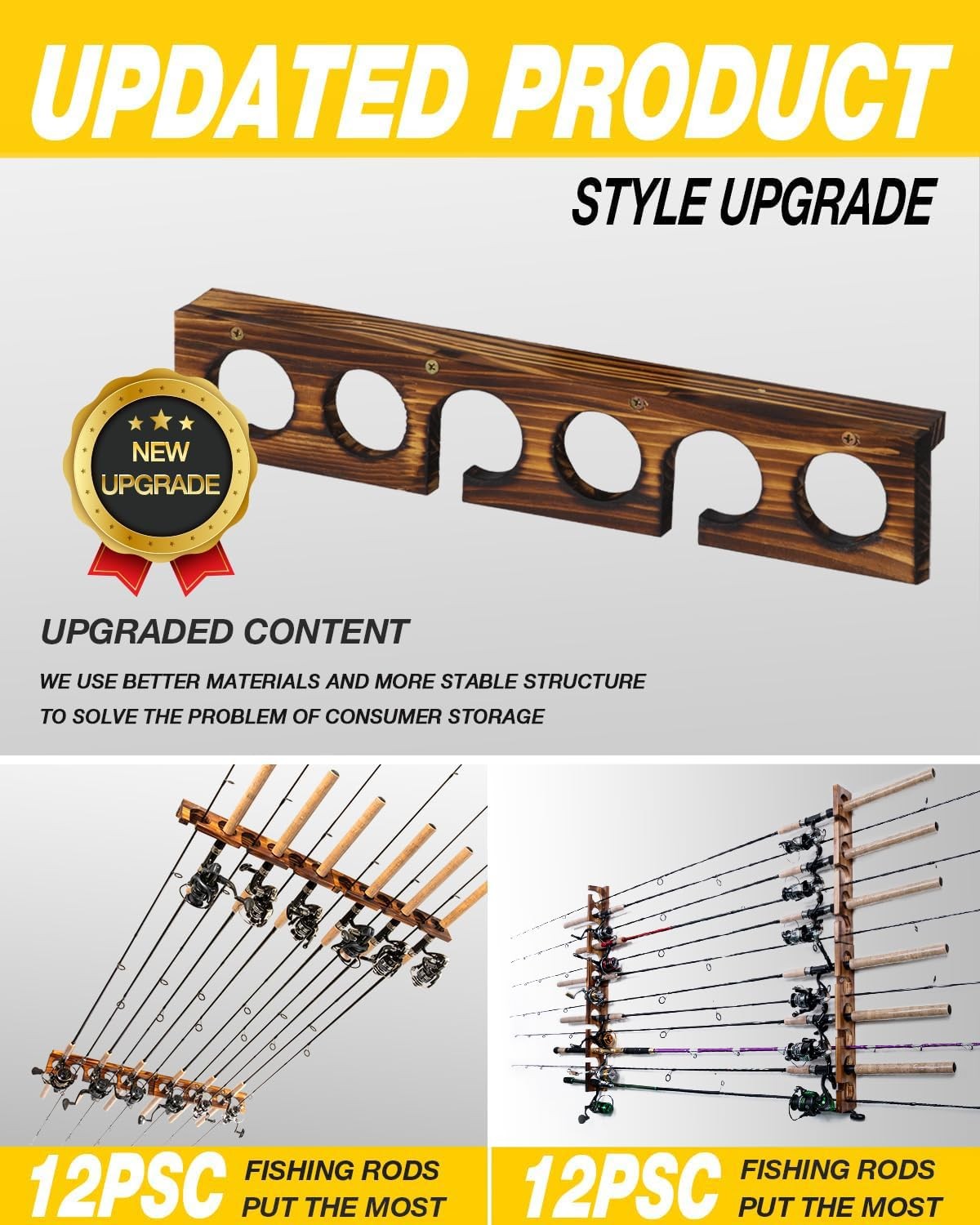Wall & Ceiling Mount Fishing Rod Holder Rack for Up to 12 Rods, Durable Hardwood Storage Organizer
