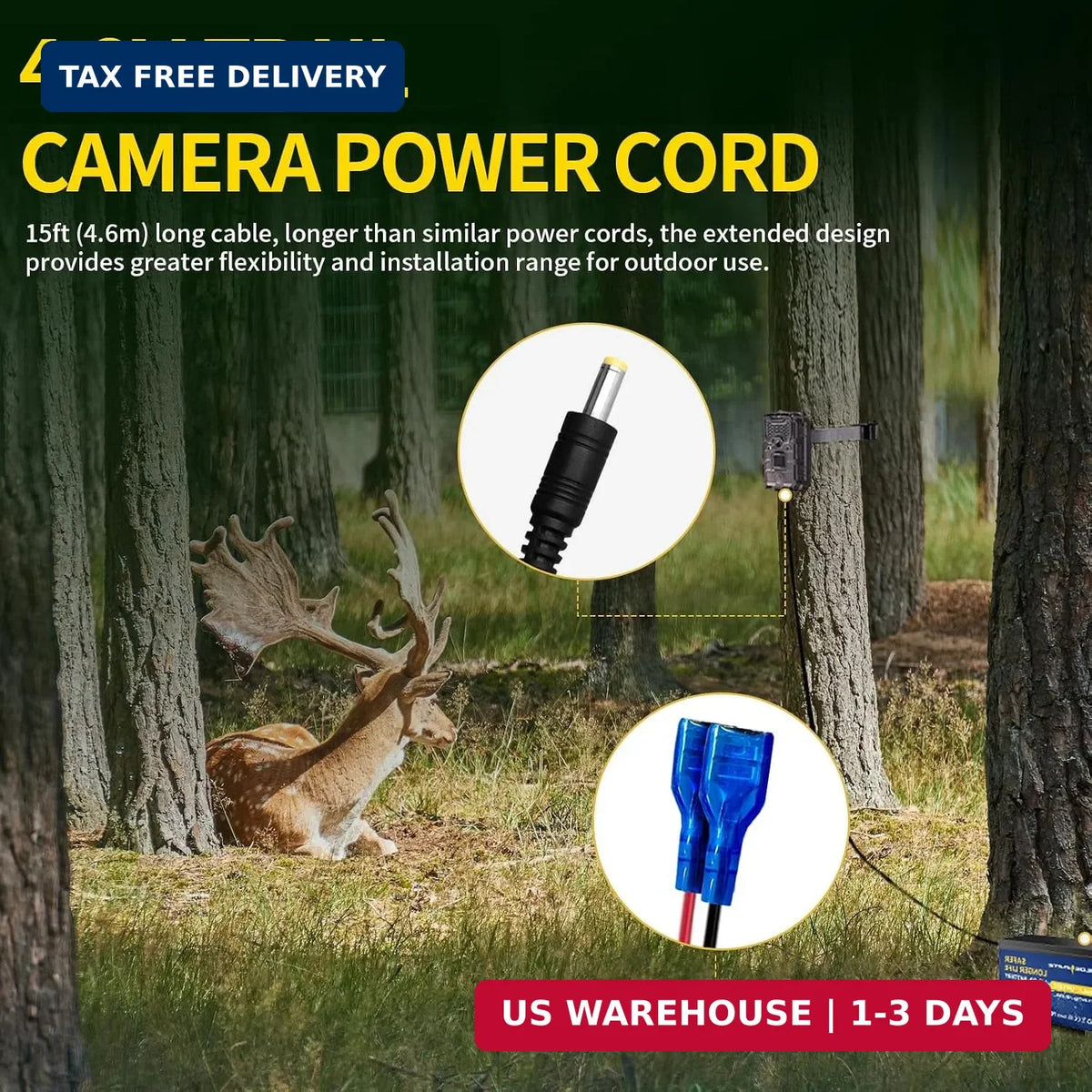 15FT Trail Camera Power Cable DC External Cord for Wildlife & Doorbell Cameras
