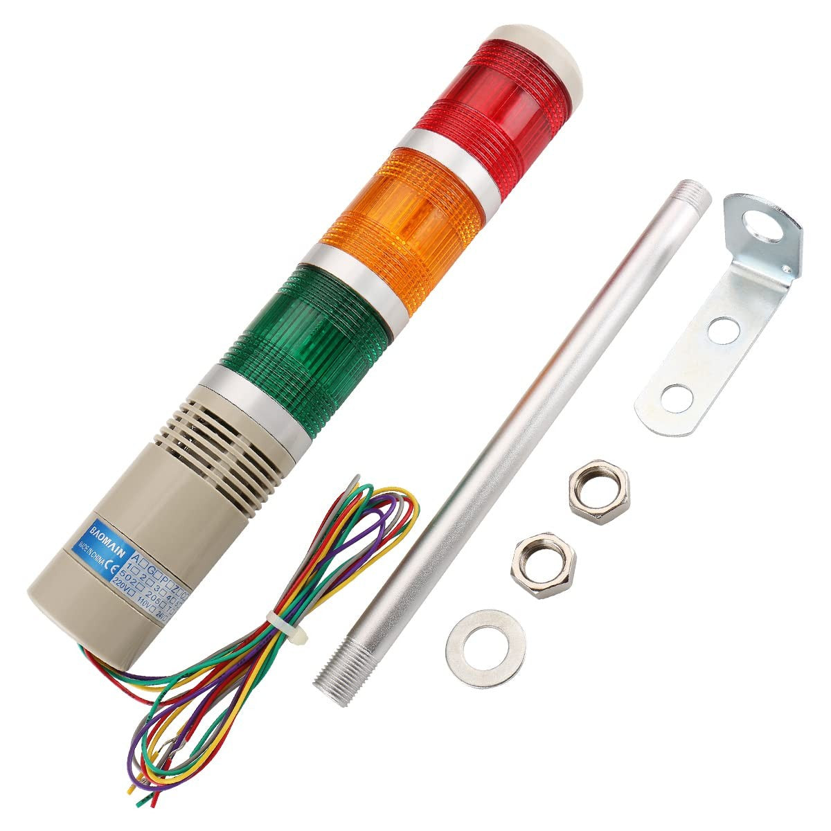 24V DC Industrial Signal Tower Light with Buzzer, Red Yellow Green LED