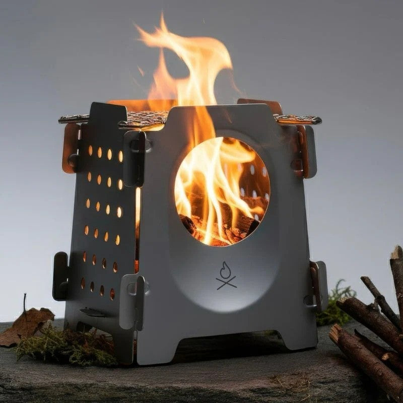 Ultralight Titanium Camping Stove with Flatpack Design and Cooking Grill