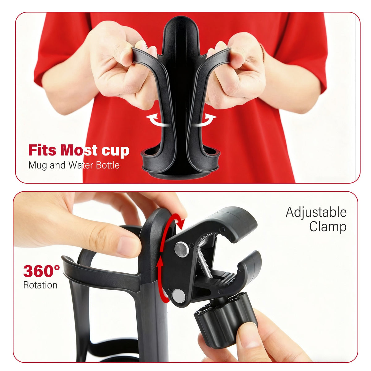 Universal 360° Beverage Cup Holder for Wheelchair, Walker, Rollator, Bike