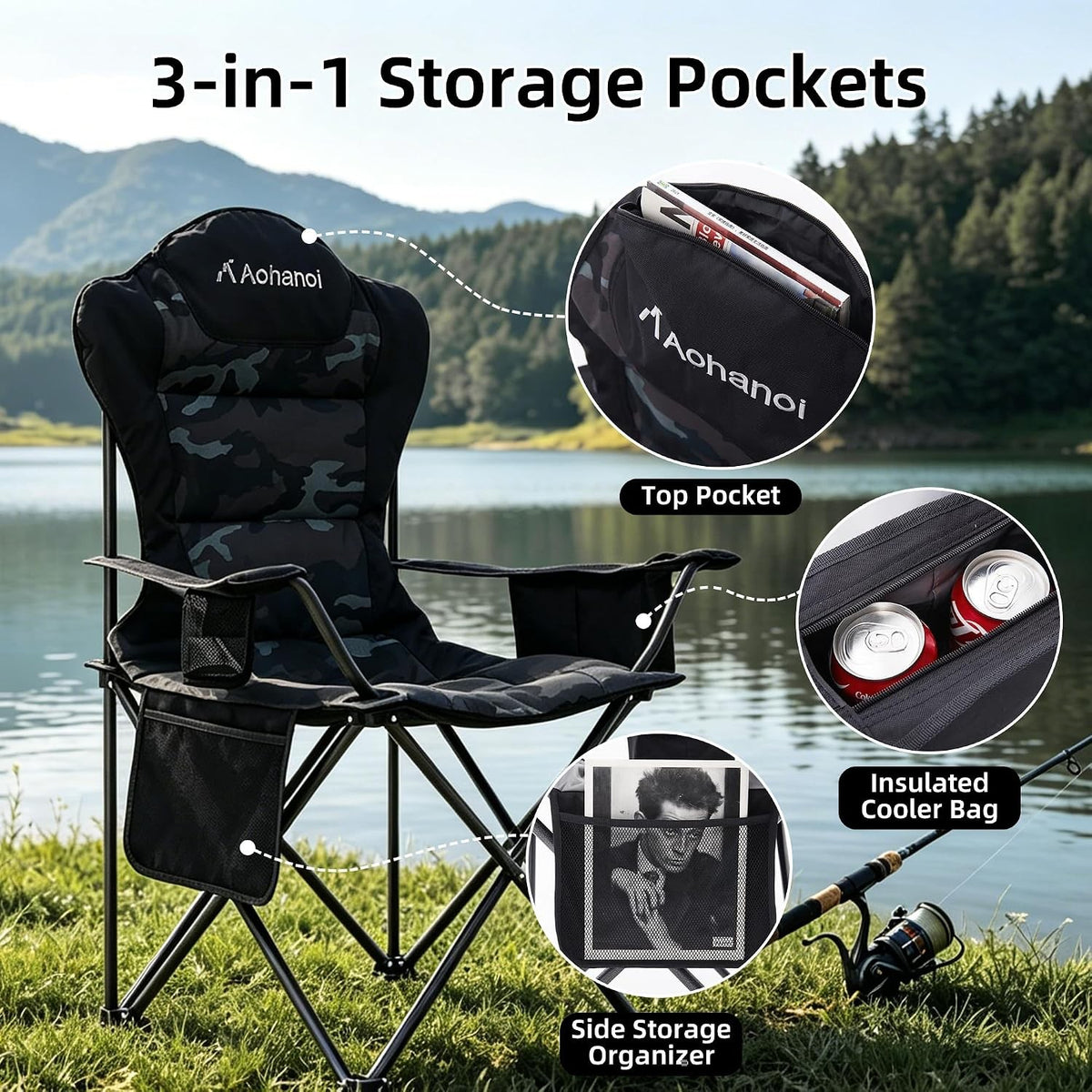 Heavy Duty Folding Camping Chairs for Adults 2-Pack - Outdoor Portable Seat with Cooler & Pocket
