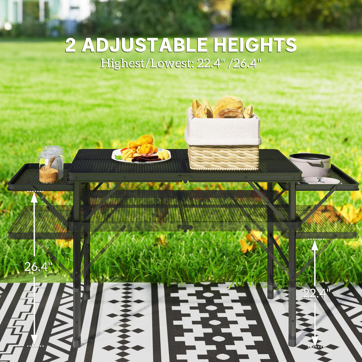 Portable Camping Table with Folding Wings - 4.5 ft Adjustable Height Outdoor Dining