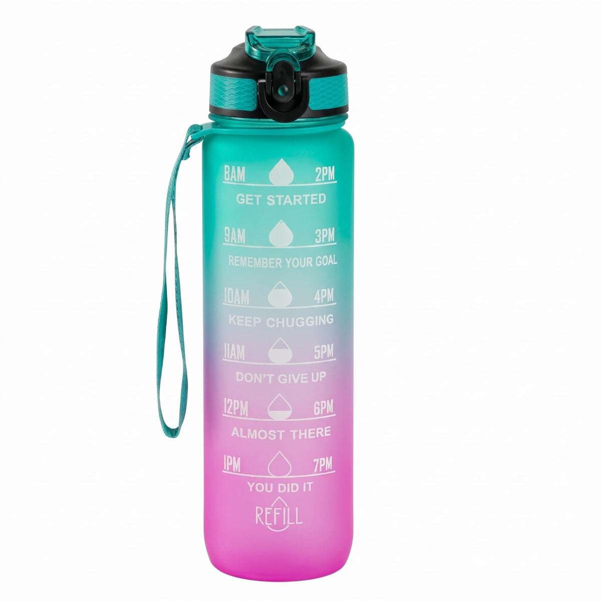 1L Motivational Water Bottle with Time Marker and Straw - BPA Free Tritan, Green Pink Gradient