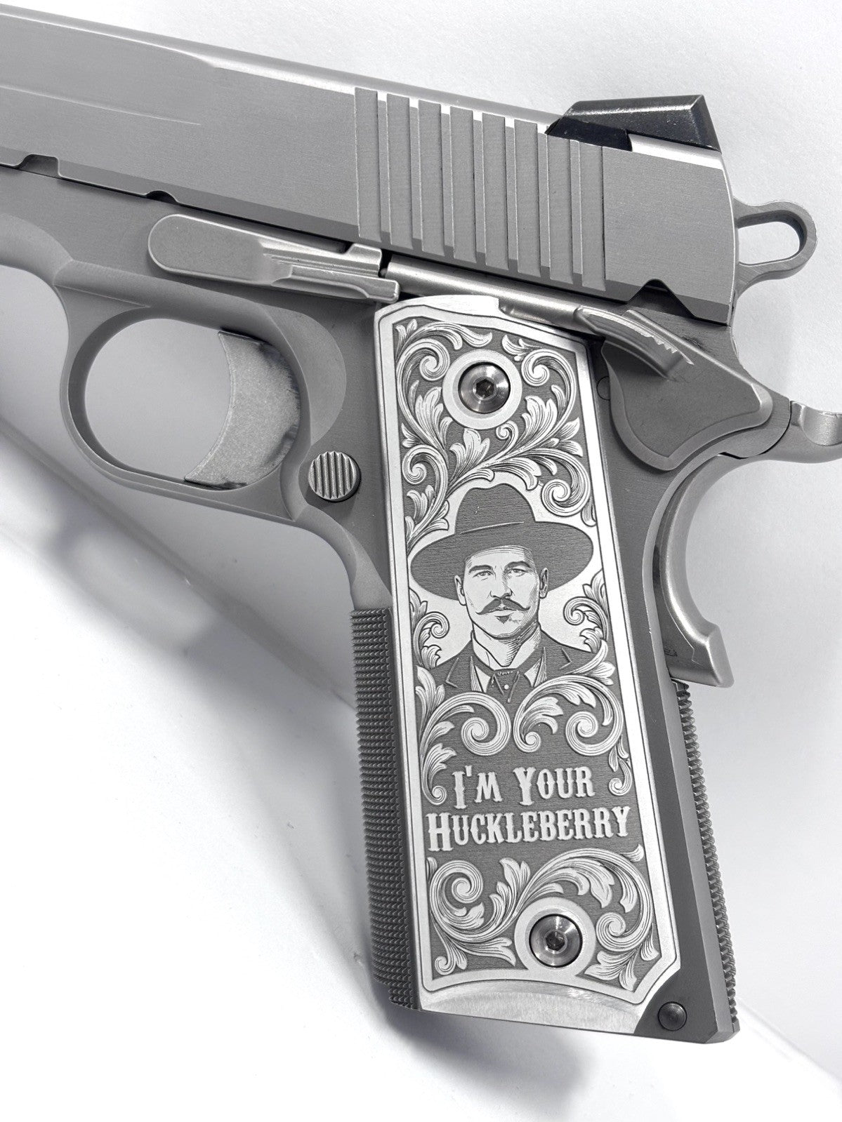 Custom Engraved 1911 Aluminum Pistol Grips - Doc Holliday Scroll Design