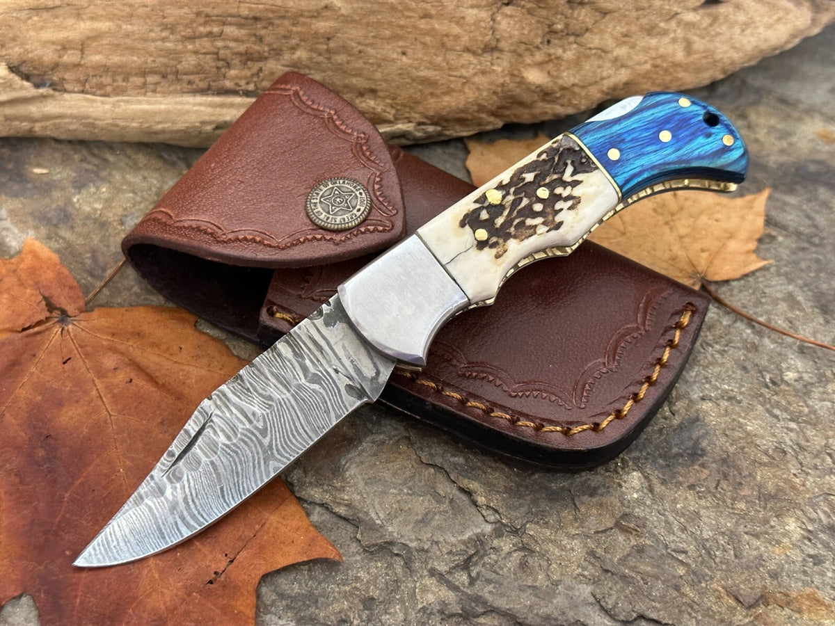 Handmade Damascus Folding Knife with Multiple Color Variants