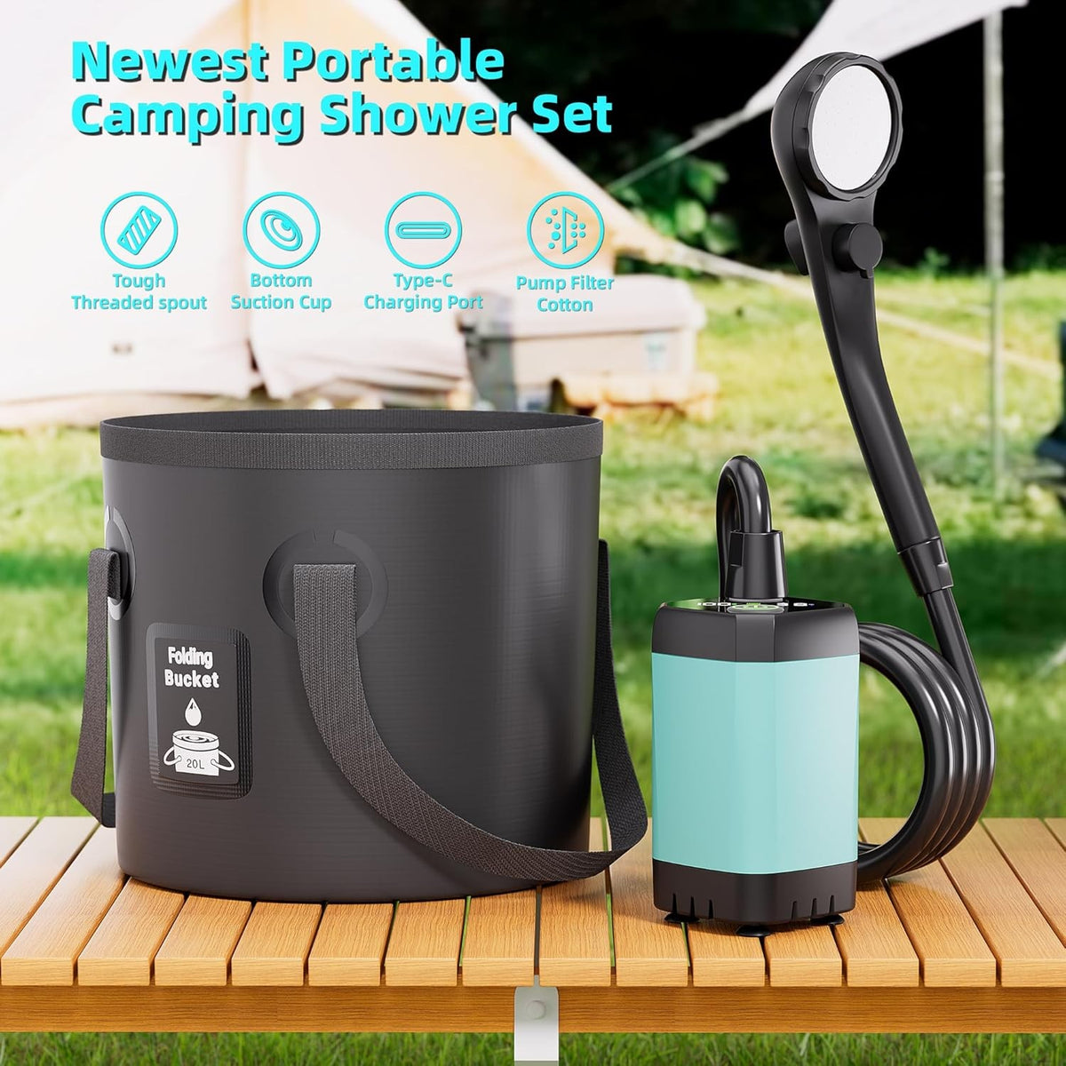 Rechargeable Portable Camping Shower Pump with Foldable 5 Gal Bucket