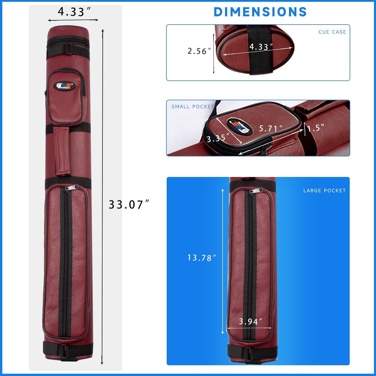 2x2 Oval Billiard Cue Case Holds 2 Butts & 2 Shafts, Leatherette, 32 x 4.33 x 2.56 in
