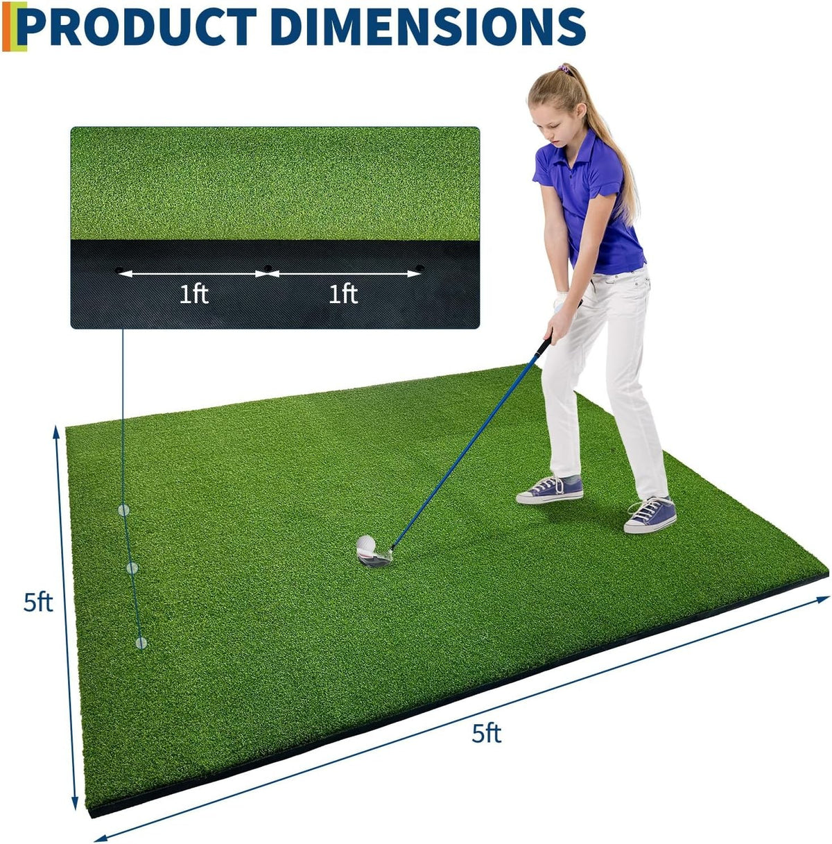 Golf Hitting Mat 5x5ft Premium Turf Practice Mat for Indoor Outdoor Use