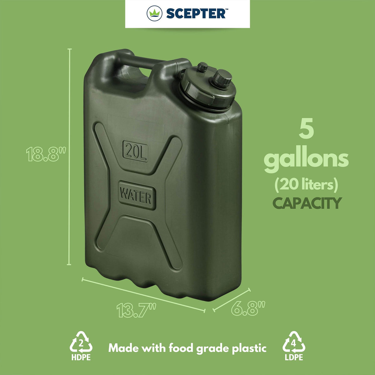 5 Gallon Water Storage Container - Portable BPA-Free Water Jug for Camping & Emergency