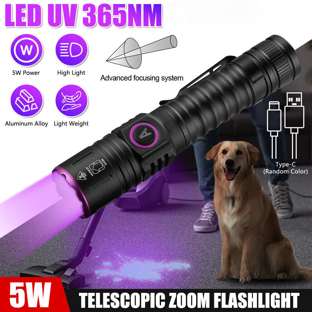 Rechargeable UV LED Flashlight 365nm Blacklight for Inspection Security Detection
