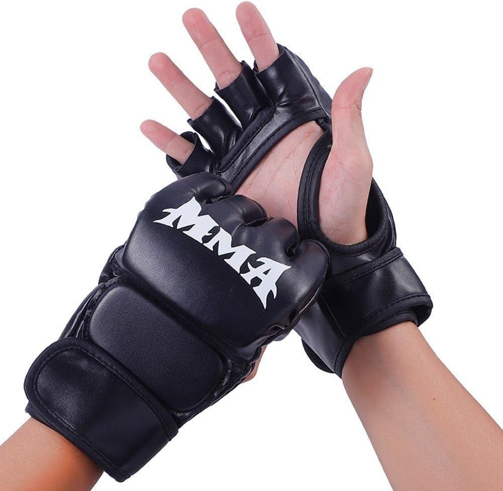 Adult Boxing Gloves PU Leather Half Finger Fight Gear - Black