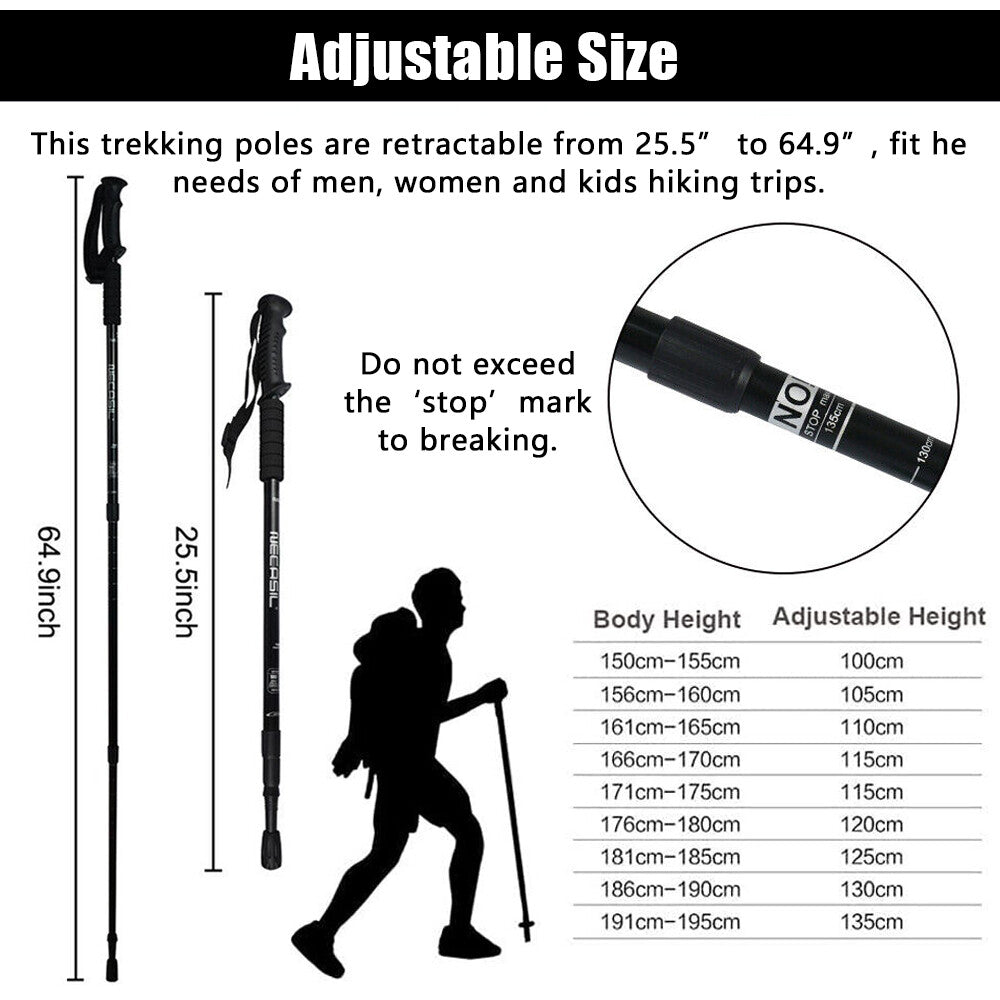 2X Adjustable Hiking Trekking Poles Nordic Walking Sticks Anti-shock Alpenstock
