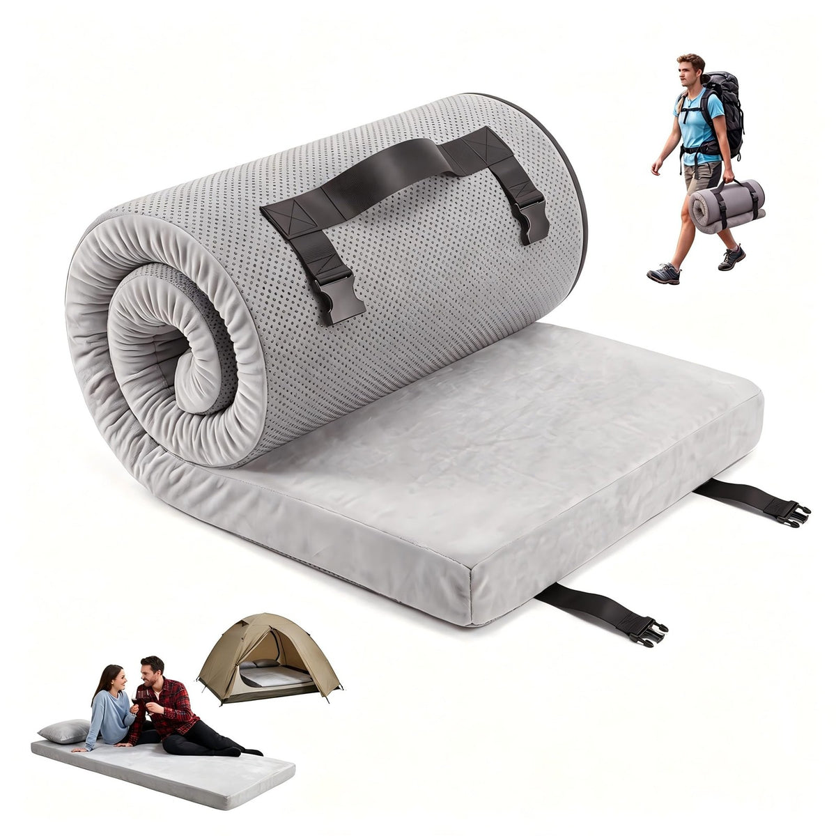 Thick Memory Foam Camping Cot Mattress Pad - Portable Roll-Up Sleeping Pad