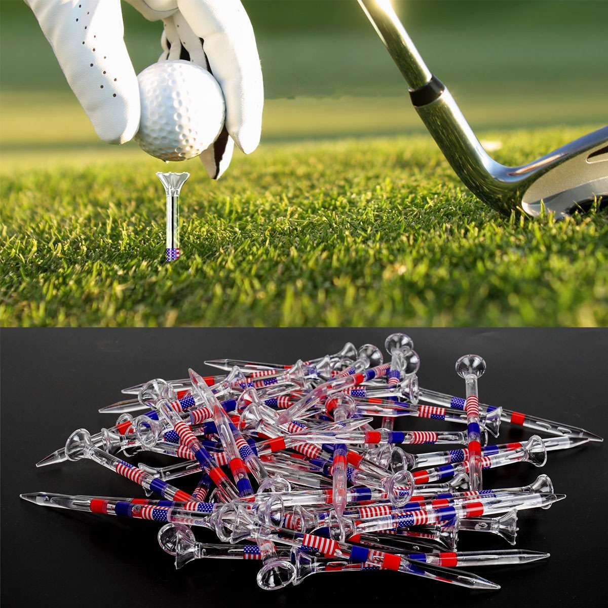 50PCS Transparent Acrylic Golf Tees with American Flag Design - Unbreakable & Durable
