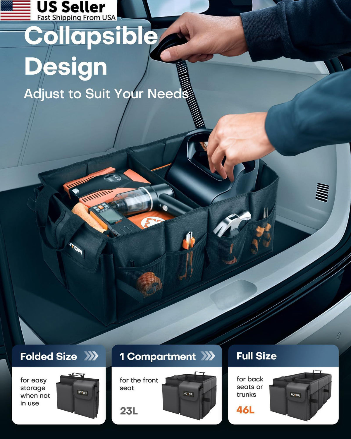 Medium Car Trunk Organizer with 2 Compartments - Durable Black Storage Bin