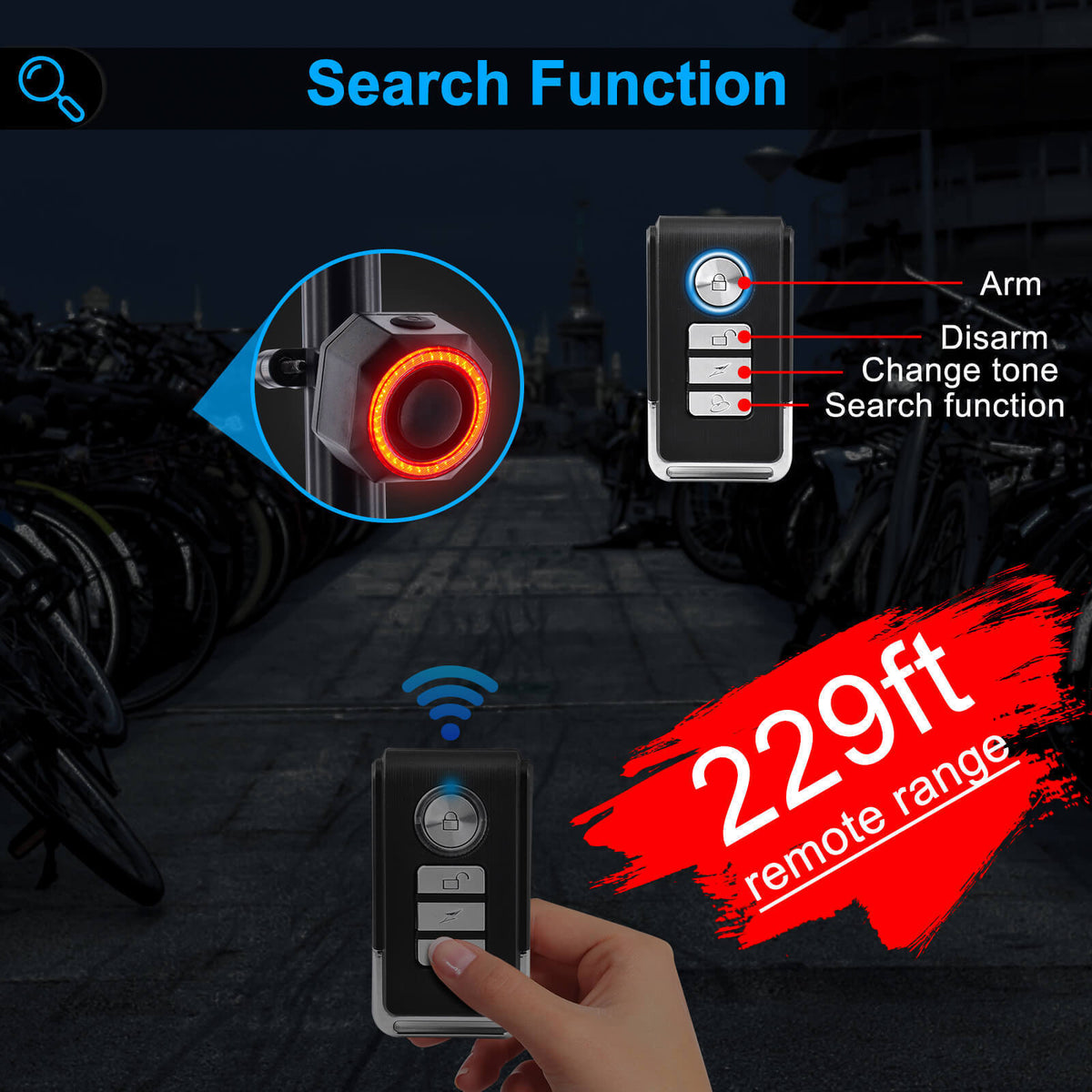 Wireless Waterproof Bike Alarm with Remote & Taillight USB Charging - 115dB