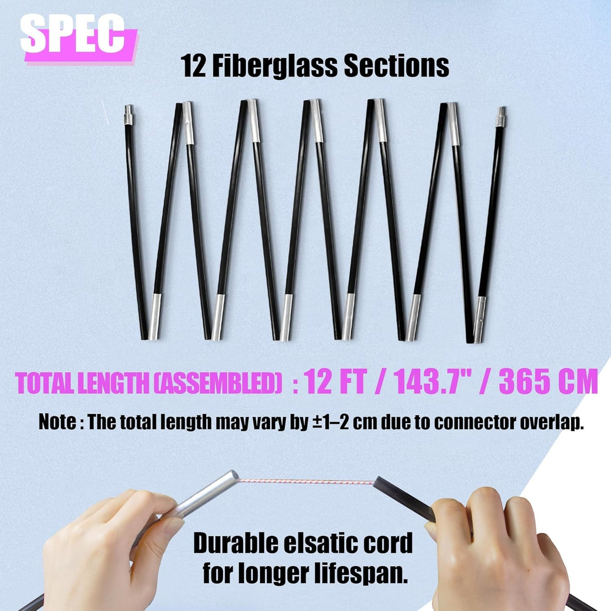 Fiberglass Tent Poles Replacement - Pre-Assembled Black 12Ft for Camping & Hiking