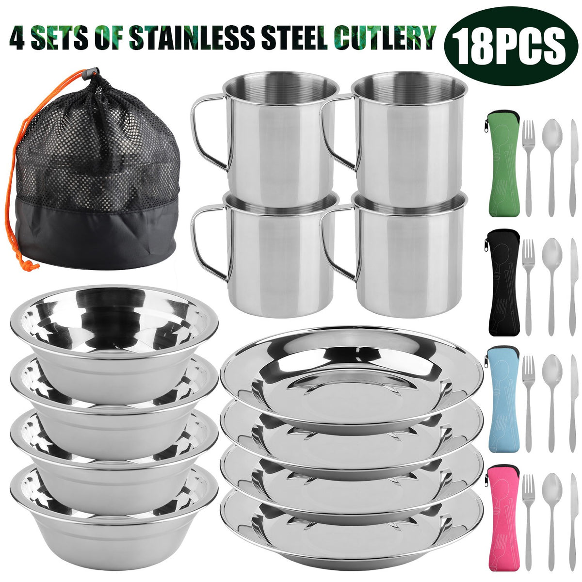 Camping Cookware Mess Set with Non-Stick Plates Bowls Cups - Portable Stainless Steel Kitchen