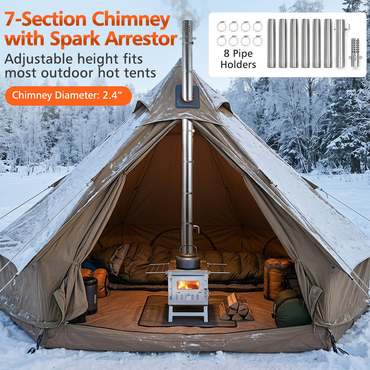 Portable Wood Burning Tent Stove with Chimney Pipes and Spark Arrestor