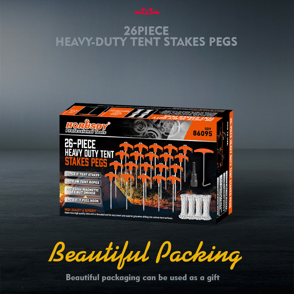 Heavy Duty Tent Stakes with Ropes and Hook - Steel Camping Pegs Set