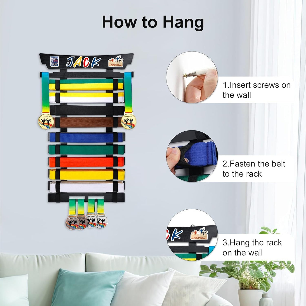 Personalized Martial Arts Belt Display Rack with 10 Belt Capacity and Sticker Set