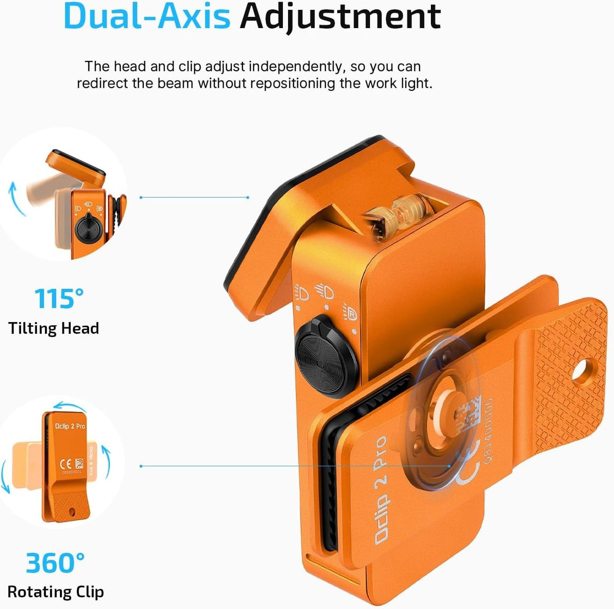 Rechargeable EDC Clip Flashlight with Adjustable Head - Orange