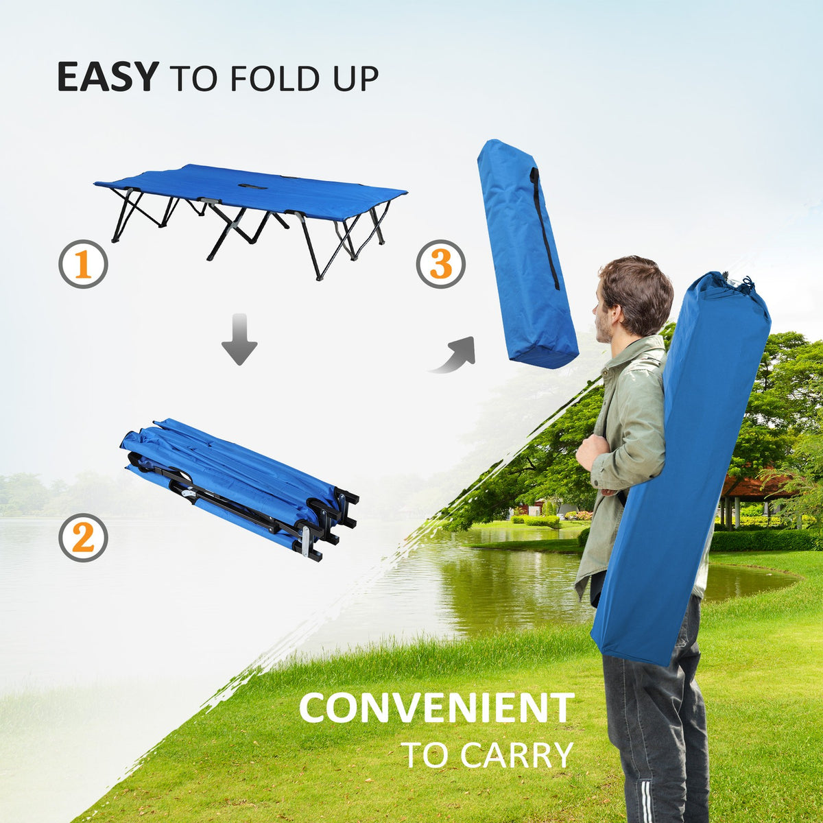Two-Person Folding Camping Cot with Carry Bag Blue - Support Up to 300 lbs