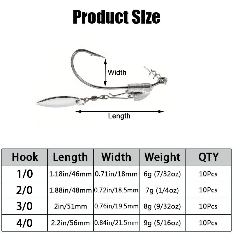 Underspin Jig Head Swimbait Hooks with Spinner Blade - Multiple Sizes
