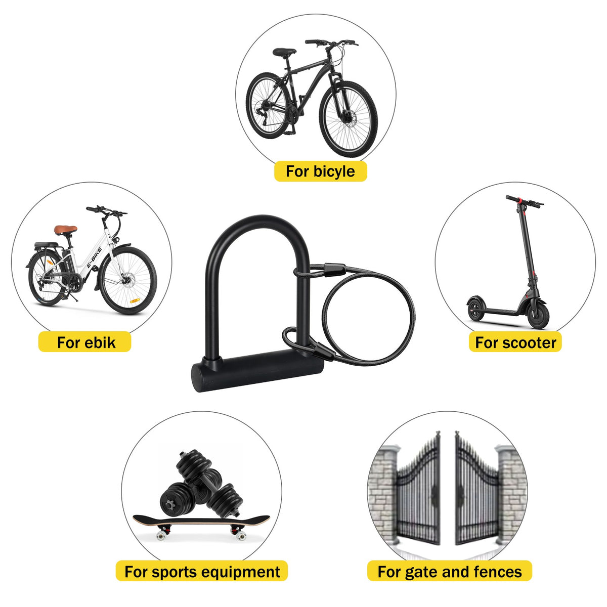 Heavy Duty Bike U Lock with 4ft Steel Cable Anti-Theft Bicycle Lock Alloy