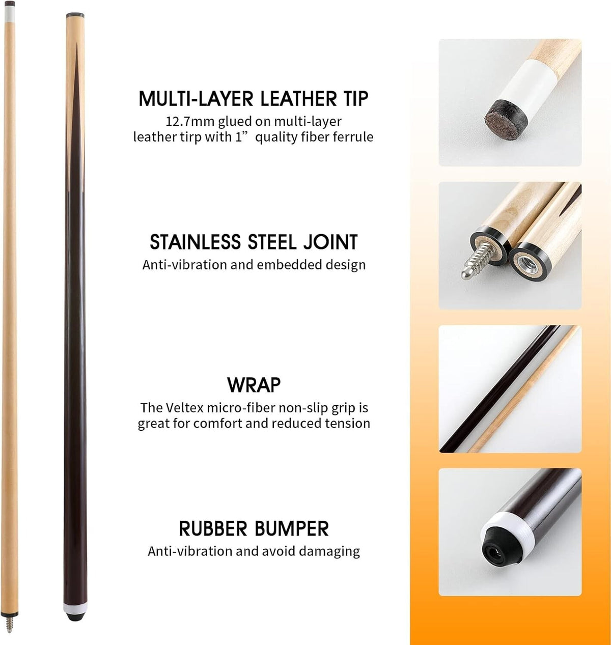 Set of 4 Billiard Cues with 13mm Leather Tips - Canadian Hardwood, 42"-58"