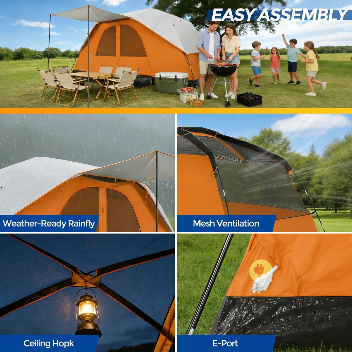 10-12 Person Camping Tent with Rainfly and Screen - Easy Setup, All-Weather Waterproof