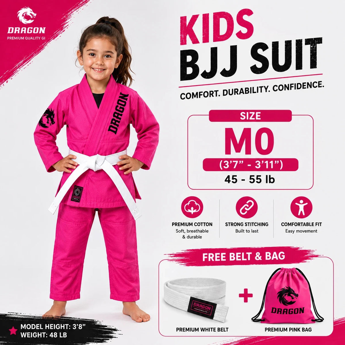 Kids Girls Pink BJJ Gi Suit with White Belt & Bag - Martial Arts Uniform