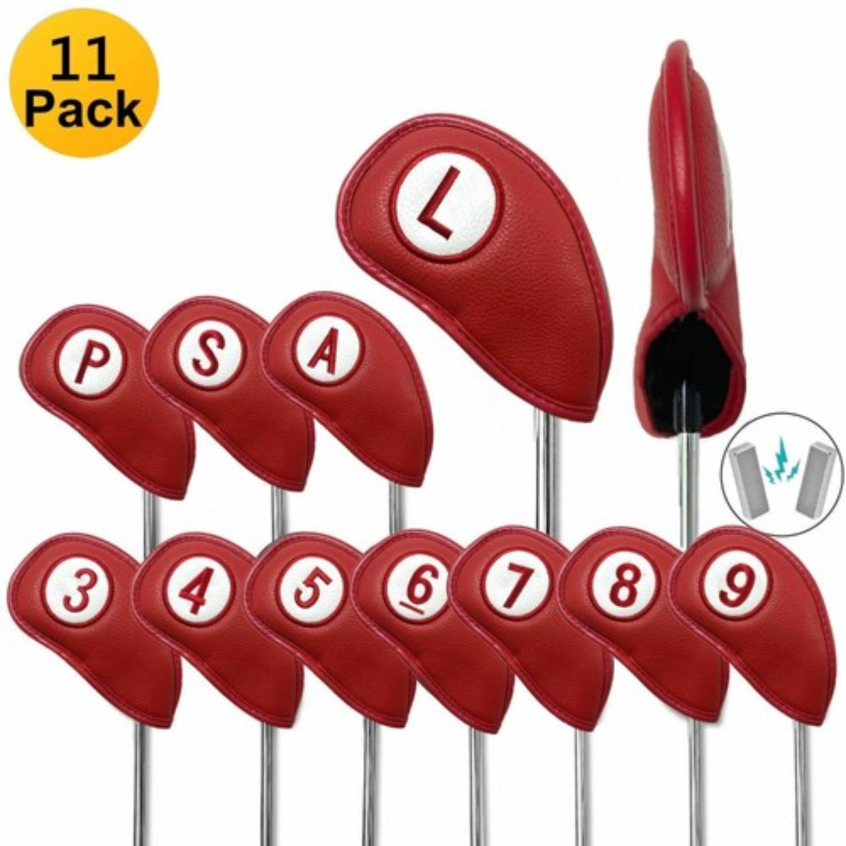 11 Pack Leather Golf Club Head Covers with Magnetic Closure - Multiple Colors
