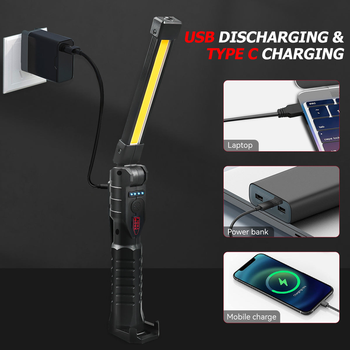Rechargeable USB LED Work Light with High Lumens, IPX6 Waterproof, Multiple Modes