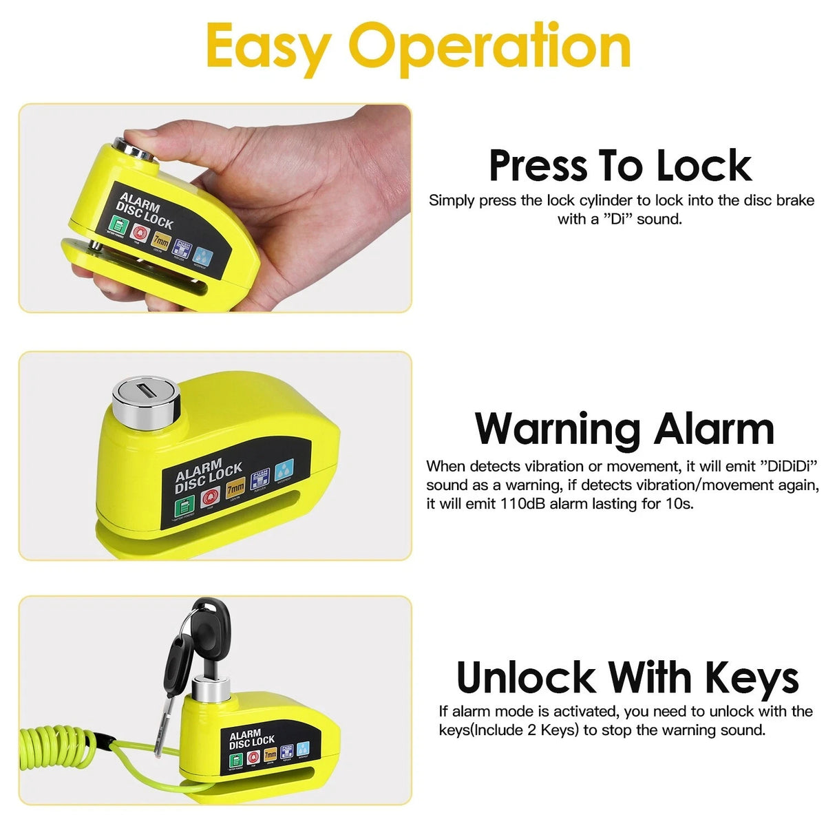 Waterproof Motorcycle Disc Brake Lock with Alarm and Reminder Cable