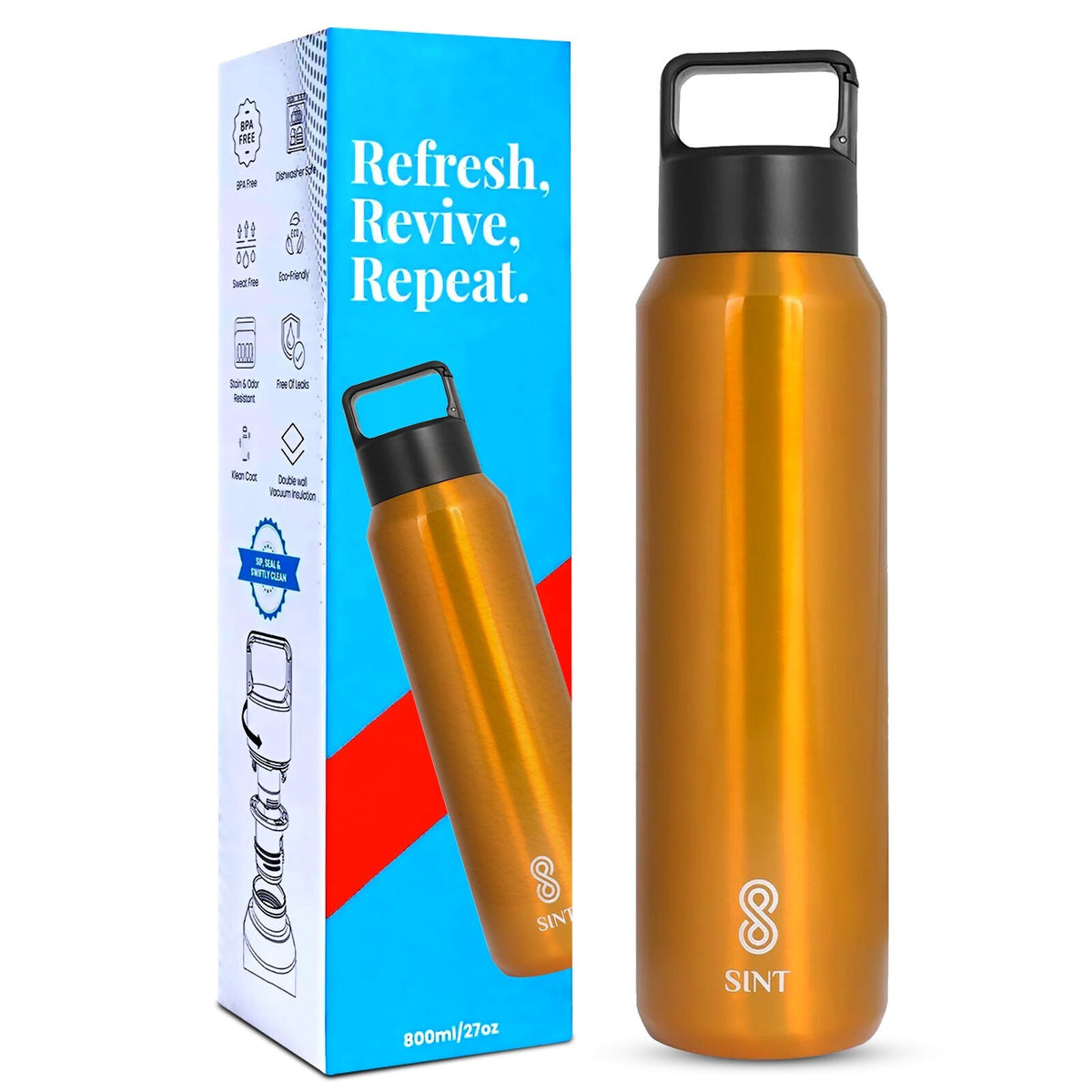 Insulated Stainless Steel Sports Water Bottle - Leak Proof, Sweat-Free, 27 Oz