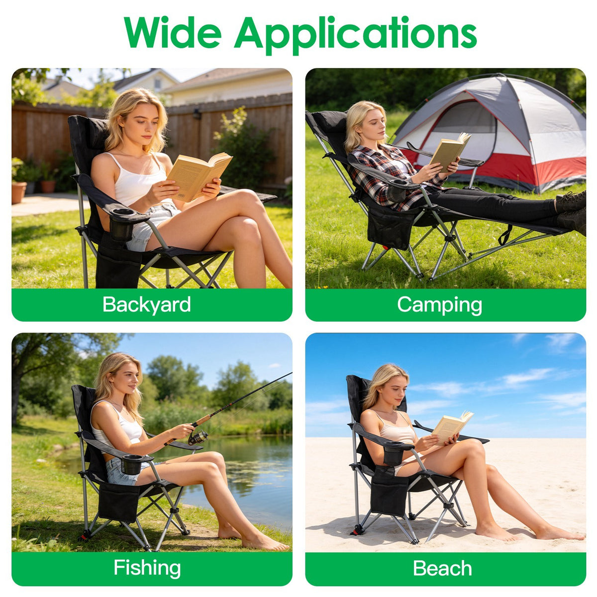 Reclining Camping Chair with Canopy & Footrest - Folding Outdoor Seat